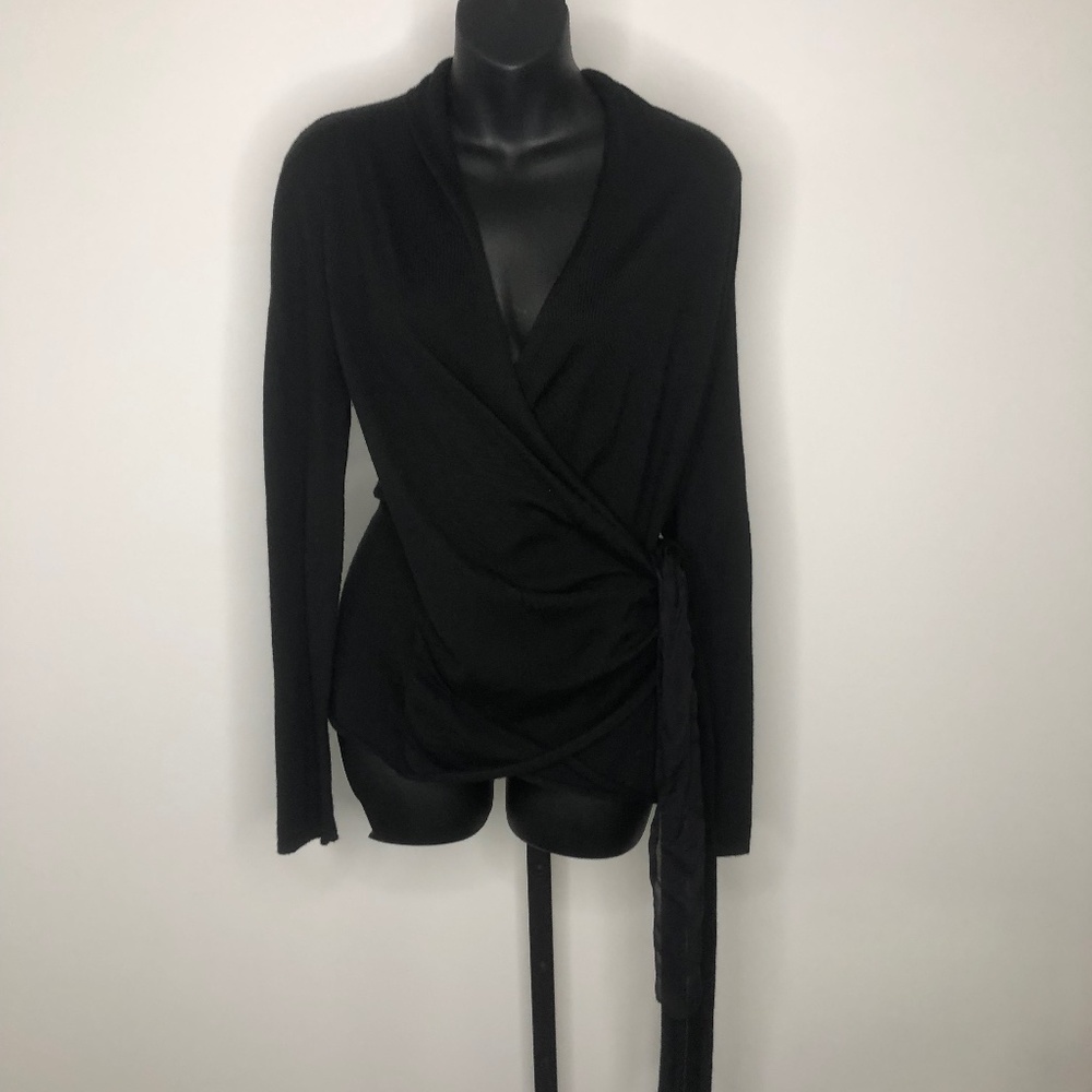 Manrico Cashmere Black Wrap Tie Front Cashmere Long Sleeve Cardigan M